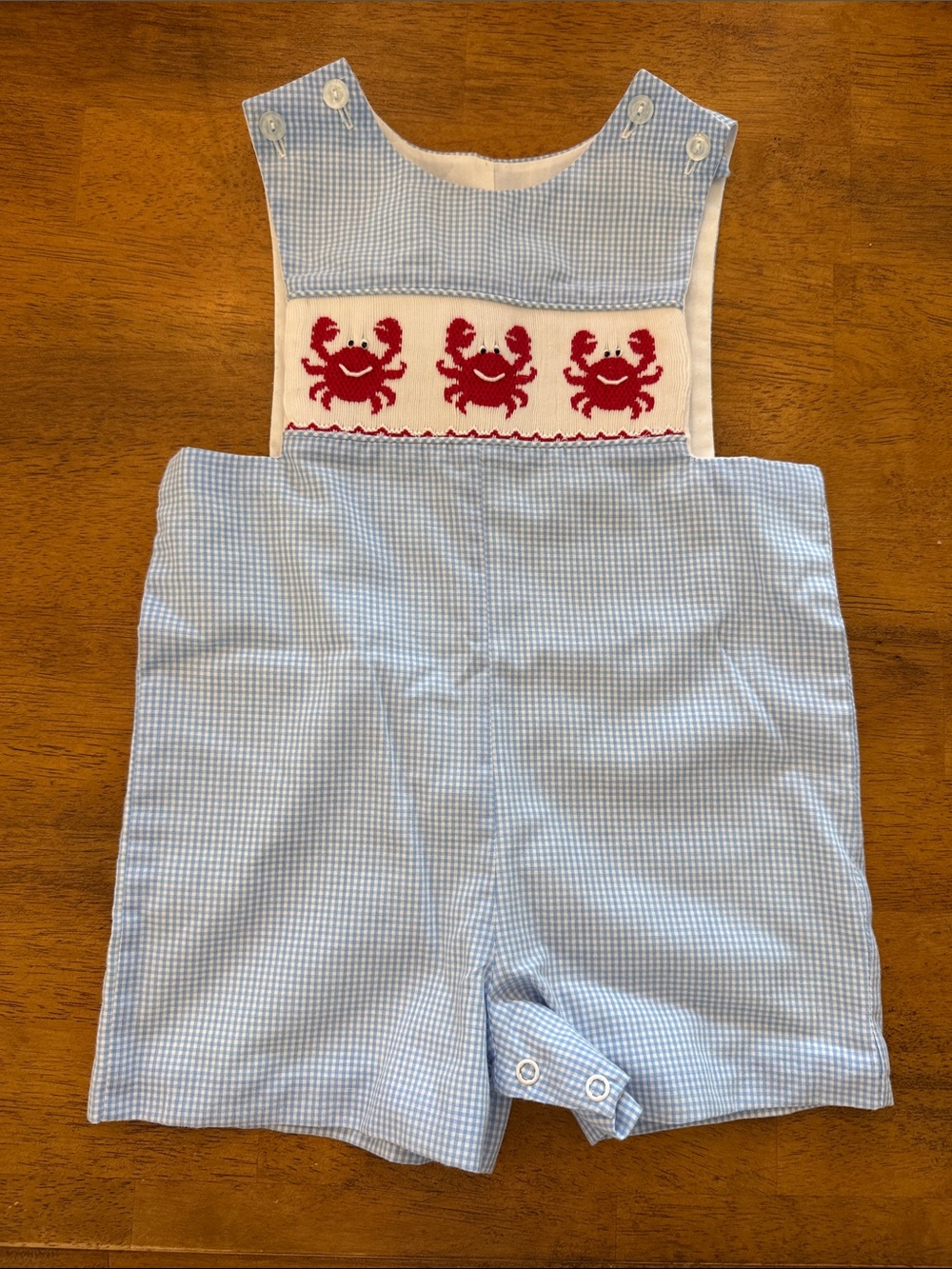Smocked Crab Seersucker Boys Romper - Light Blue